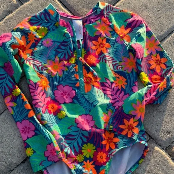 Cat & Jack Girls Tropical Floral Long Sleeve One Piece Rash Guard Swimsuit S 6/7 - Picture 2 of 3